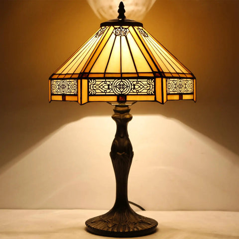 Yellow Hexagon Tiffany Style Stained Glass Lamp For A Cozy Vibe Mission Table Desk Bedside Reading Light 12 Inch Shade 18 Inch Tall