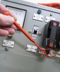 Person using Pro Grade Fully Insulated Live Line Inspection Mirror in Bright Orange, no-metal build, for electric panel inspection.