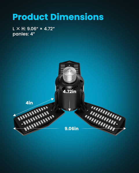 Motion Sensor Garage Light 80W 8000LM Deformable LED Shop Light dimensions with adjustable panels shown.