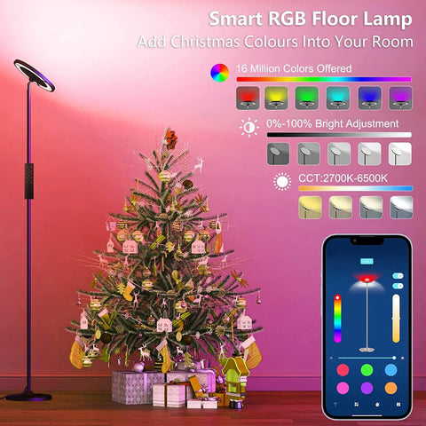 Double Sided RGB LED Floor Lamp With Remote And Smart App Control 36W 2600 Lumens next to decorated Christmas tree