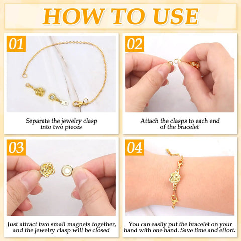 Four-step guide showing how to use 12 Pack Magnetic Necklace Clasps And Closures Set With Locking Magnetic Jewelry Clasps And Extender Easy On Quick Snap For Necklaces Bracelets And Jewelry Hypoallergenic And Safe.