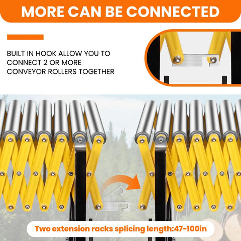 Heavy Duty Commercial Expandable Roller Stand With 700 Lbs Capacity, Adjustable Gravity Conveyor System For Workshop Material Handling with connected rollers.