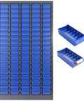 Tough As Nails Heavy Duty Parts Organizer Cabinet With 75 Drawers And Clear Label System, showing blue plastic drawers on steel frame.