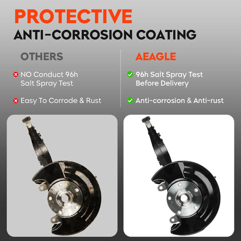 Comparison of front left steering knuckle and wheel bearing hub assembly with anti-corrosion coating for Honda Accord 2003-2007.