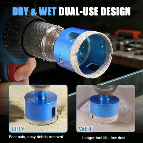 Badass Premium Ten Piece Diamond Tile Hole Saw Kit With 1/4 To 2 Inch Vacuum Brazed Drill Bits shown with dual-use drill bit design.
