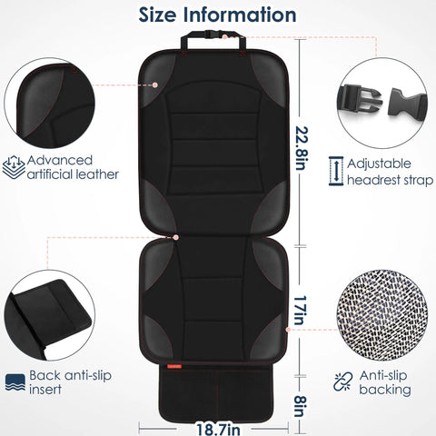 Universal Car Seat Protector For Kids And Pets, Waterproof Non Slip Leather Mat With 2 Mesh Pockets, back view with size details