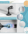 Two Pack Magnetic Door Stoppers For Wall And Floor Mounting shown with metal and wood surfaces, black stainless steel view