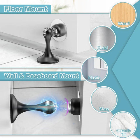 Two Pack Magnetic Door Stoppers For Wall And Floor Mounting shown with metal and wood surfaces, black stainless steel view