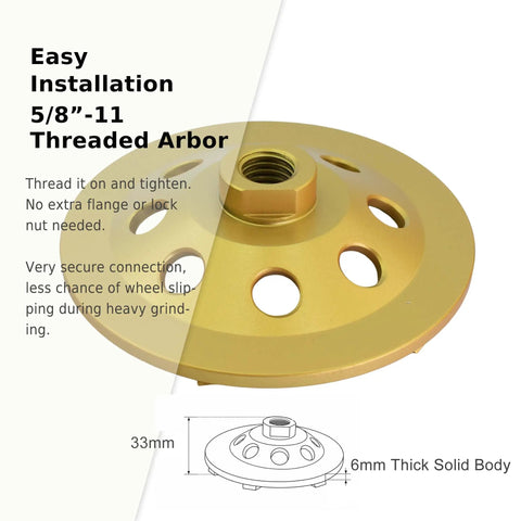 Close-up of a gold 5/8-11 threaded arbor from the Nine Piece 7 Inch PCD Cup Grinding Wheel Set for concrete coating removal