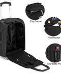Open view of black underseat rolling travel bag with top, front, and side bottle pockets. Underseat Rolling Travel Bag 17 x 13 x 8 Inches Personal Item Fits Spirit Frontier American And More Major Airlines Black Duffel Style Carry-On That Saves On Fees And Keeps Your Essentials Handy.