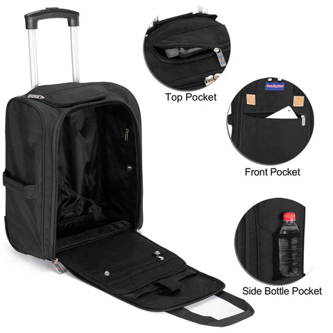 Open view of black underseat rolling travel bag with top, front, and side bottle pockets. Underseat Rolling Travel Bag 17 x 13 x 8 Inches Personal Item Fits Spirit Frontier American And More Major Airlines Black Duffel Style Carry-On That Saves On Fees And Keeps Your Essentials Handy.