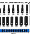 Deep Magnetic One Quarter Inch Drive Socket Set Fourteen Piece Six Point Metric Four To Fifteen Millimeter Premium CR Mo Steel