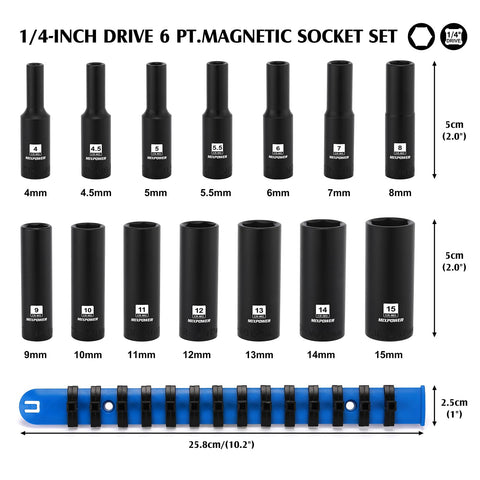 Deep Magnetic One Quarter Inch Drive Socket Set Fourteen Piece Six Point Metric Four To Fifteen Millimeter Premium CR Mo Steel