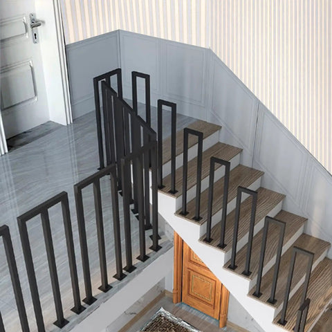 Slick Matte Black U Shaped Stair Handrail Double Pack With Ergonomic Grip For Indoor Steps, showing ergonomic metal design on staircase.
