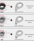 Diagram showing 12 Piece Bike Wheel Axle Nuts and Safety Washers Kit for Front and Rear Wheels, M8 M9.5 M10 Sizes