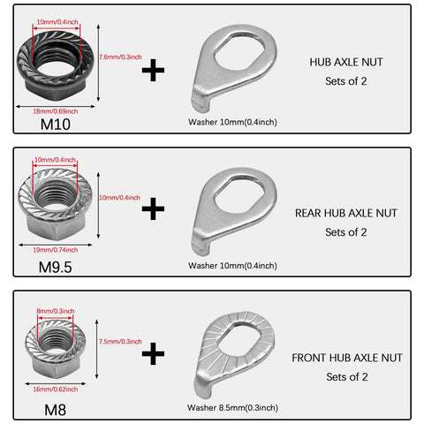Diagram showing 12 Piece Bike Wheel Axle Nuts and Safety Washers Kit for Front and Rear Wheels, M8 M9.5 M10 Sizes