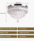 16 Inch Sleek Modern Crystal Chandelier Chrome Flush Mount Ceiling Light Fixture With Five Tiers Led For Dining Room Living Room Bedroom 6500K Cool White Energy Saving Chandelier, dimensions and materials shown