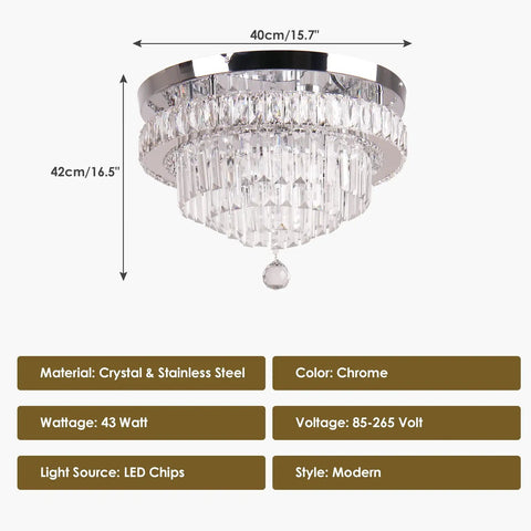 16 Inch Sleek Modern Crystal Chandelier Chrome Flush Mount Ceiling Light Fixture With Five Tiers Led For Dining Room Living Room Bedroom 6500K Cool White Energy Saving Chandelier, dimensions and materials shown