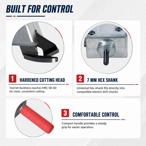Power Sheet Metal Shear Drill Attachment Metal Cutter Head For 12 Volt Drills showing durable cutting head, hex shank, and handle grip.