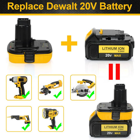20V To 18V Battery Adapter With USB Port For Quick Charge Tools, shown with compatible Dewalt power tools