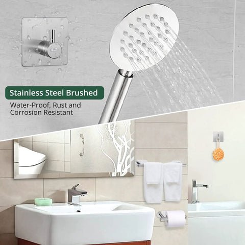 Bathroom with self adhesive hardware set, 16-inch towel bar, toilet paper holder, and hooks. Stainless steel, no drill install.
