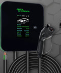 Beefy Hardwired Level 2 Electric Vehicle Charging Station with display, J1772 connector and heavy duty cable for home use.
