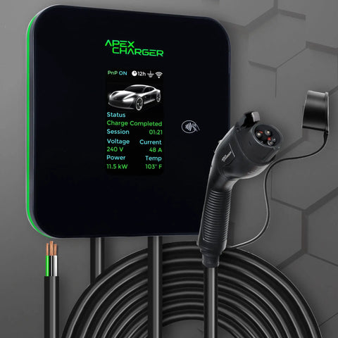 Beefy Hardwired Level 2 Electric Vehicle Charging Station with display, J1772 connector and heavy duty cable for home use.