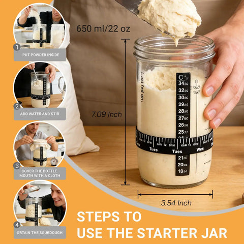 Step-by-step guide with 22 oz jar for sourdough starter from Sourdough Starter Kit With Two Banneton Proofing Baskets Bread Proofing Tool Set.