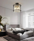 Dope Modern Black Crystal Chandelier For Foyer And Kitchen Island, Round Adjustable Height Pendant Light Fixture For Entryway in bedroom