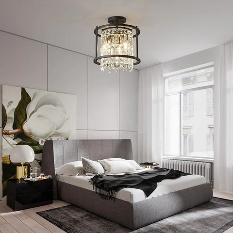 Dope Modern Black Crystal Chandelier For Foyer And Kitchen Island, Round Adjustable Height Pendant Light Fixture For Entryway in bedroom