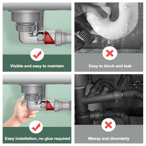 Comparison of Easy Install One And A Half Inch P Trap Replacement with visible sink drain backflow preventer versus traditional traps