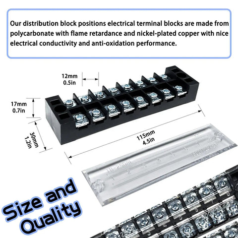 4 Sets 8-Position 600V 25A Terminal Blocks With Cover, Dual Row Ground Bus Bar Wire Screw Terminal Kit shown in parts