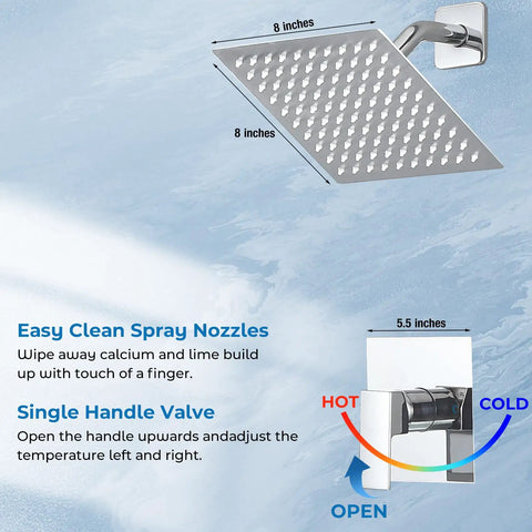Slick 8 Inch Square Rainfall Shower Faucet Set With Tub Spout In Polished Chrome Finish Modern Wall Mount Bathroom Kit Featuring Smooth Water Flow And Easy Install For That Killer Bathroom Glow Up