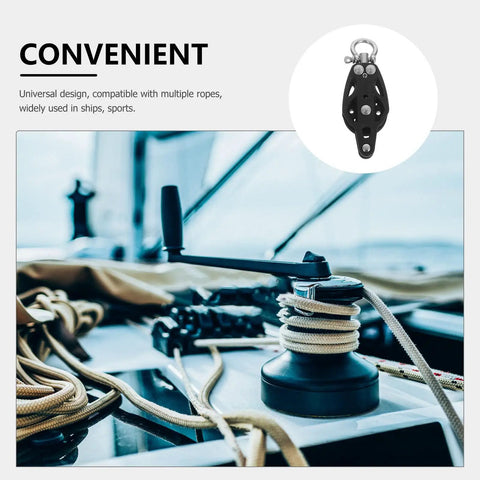 Rugged Marine Grade Nylon Pulley Block With Bearing Built To Last, Single Wheel For Boat Rigging, showing rope system and deck.
