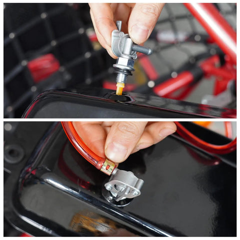 Close-up of Heavy Duty Gas Tank With Cap Petcock Vent Tube And Fuel Filter Line For 150cc 250cc Go Karts Built To Last
