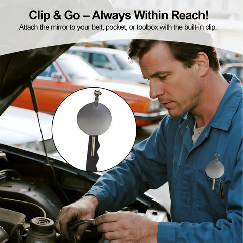 Mechanic using Pro Grade Telescoping Inspection Mirror With Rotating Head And Clip On Extendable Handle for auto inspection