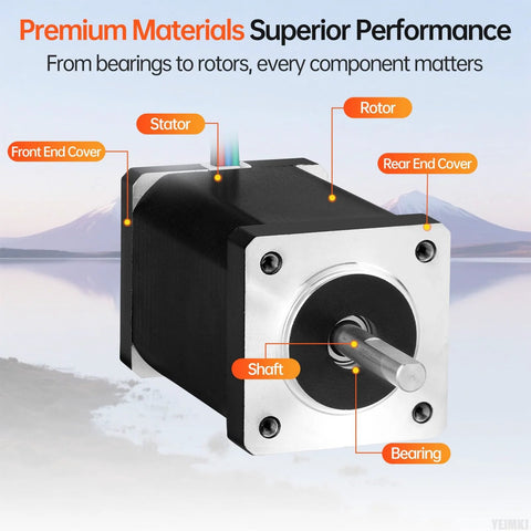 YEJMKJ Nema 14 bipolar stepper motor, front view, black housing with silver faceplate and exposed shaft, 4-wire