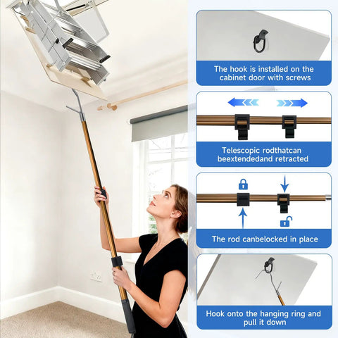 No-Fuss Attic Ladder Pull Down System Kit With Telescoping Extension Rod Door Hook D Ring And Mounting Screws Replacement For Attic Pull Down Cord 20 To 40 Inch Adjustable Space Saving Heavy Duty Aluminum Pole used to open attic ladder door