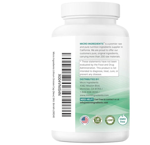 Back view of a bottle labeled Lithium Orotate 5mg for Everyday Balance, 240 Vegetarian Capsules, dietary supplement with non GMO symbols.