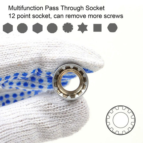 Gloved hand holding a chrome vanadium steel pass-through socket from the 29 Piece One Quarter Inch Drive Ratchet Wrench Kit.