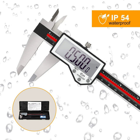 8 Inch Digital Caliper With Waterproof Stainless Steel Body, LCD display showing measurement, IP54 rating, case included