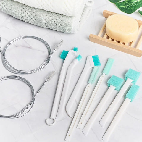 Ice Machine Cleaner Brush Kit, 10-Piece Set With 2 Extra-Long Drain Pipe Brushes And 8 Crevice Brushes on a marble surface