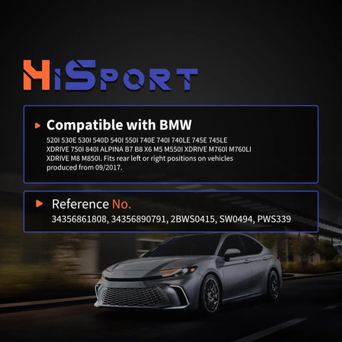Front view of HiSport rear disc brake pad wear sensors product card showing BMW compatibility and reference numbers