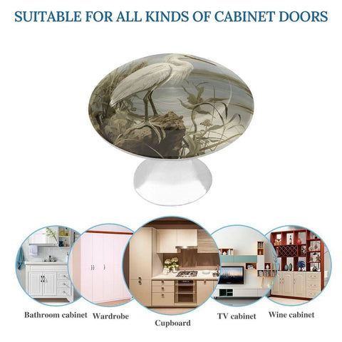 2 Pack Stainless Steel Round Cabinet Knobs With Swamp Egret Design on cupboard doors