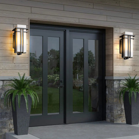 Modern Outdoor Wall Light With Frosted Glass, Aluminum Exterior Lantern for porch, mounted beside double doors, casting soft light