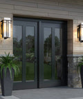 Outdoor Wall Light Modern Aluminum Exterior Lantern with frosted glass on house porch; die-cast aluminum, 14.6 inches high.