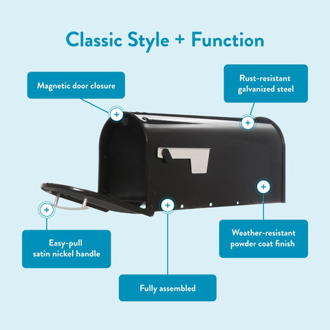 Franklin Post Mount Mailbox Weatherproof Galvanized Steel Black With Silver Accents Medium Curbside Mailbox for mail, mags, packages.