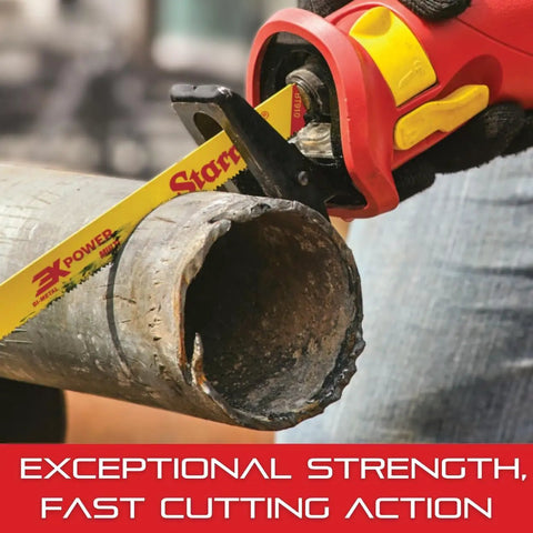 Bi Metal King Cut Beefed Up Heavy Duty Demolition And Emergency Extrication Reciprocating Saw Blade cutting a metal pipe