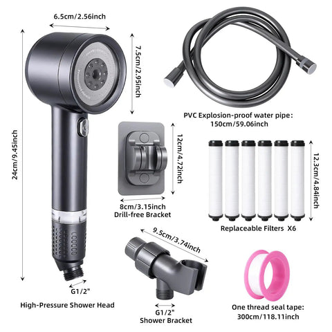 All In One High Pressure Shower System with handheld head, 7 filters, 59-inch hose, brackets and seal tape displayed