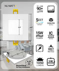 Six Inch Square Ultra Thin LED Recessed Light With Five Color Temperatures To Pick From 2700K 3000K 3500K 4000K 5000K Dimmable 1050 Lumens White Canless Slim Wafer IC Rated Metal J Box dimensions and specs infographic